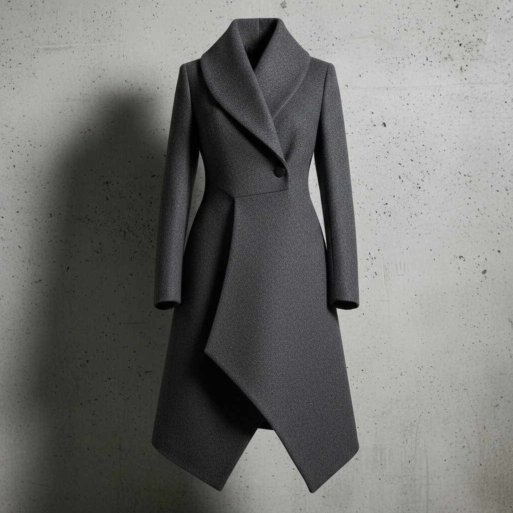 Asymmetric coat in charcoal — high-fashion designer outerwear with dramatic silhouette and minimal hardware
