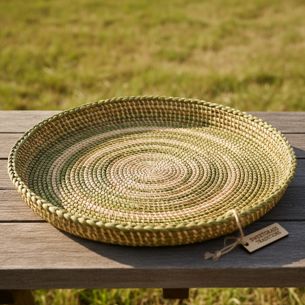 Sweetgrass coiled tray basket showing intricate spiral pattern