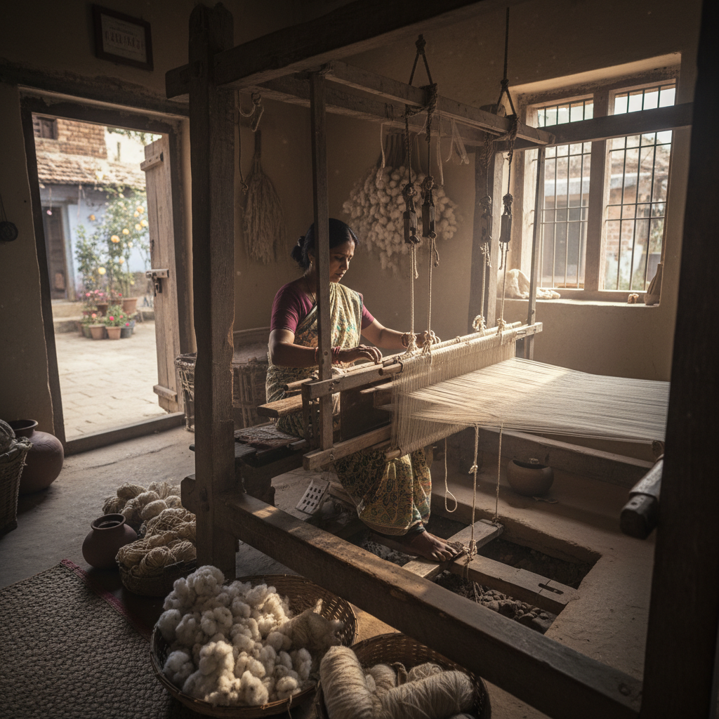 Indian woman weaver at a traditional pit loom with natural cotton thread