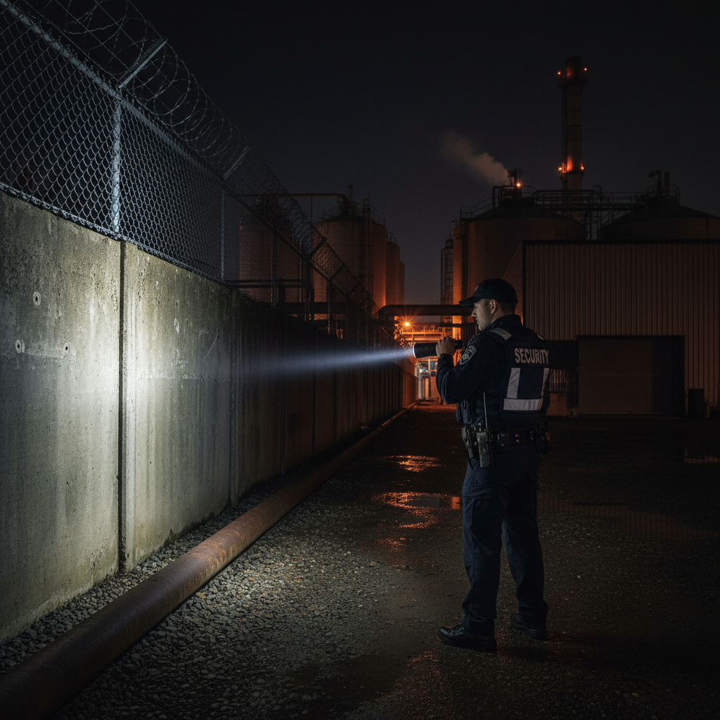 Security patrol officer on night rounds at industrial facility, flashlight beam, dark perimeter walls, professional uniform