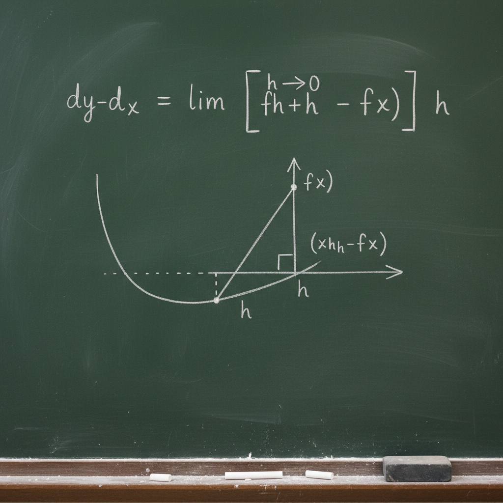 Mathematical calculus equations and derivative graphs on a dark chalkboard, dim atmospheric classroom