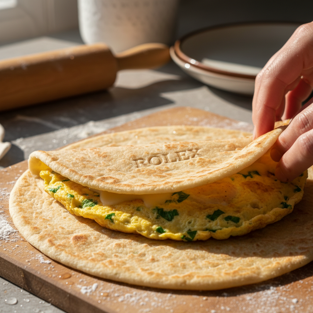Fresh rolex chapati being rolled with egg omelette filling on a griddle