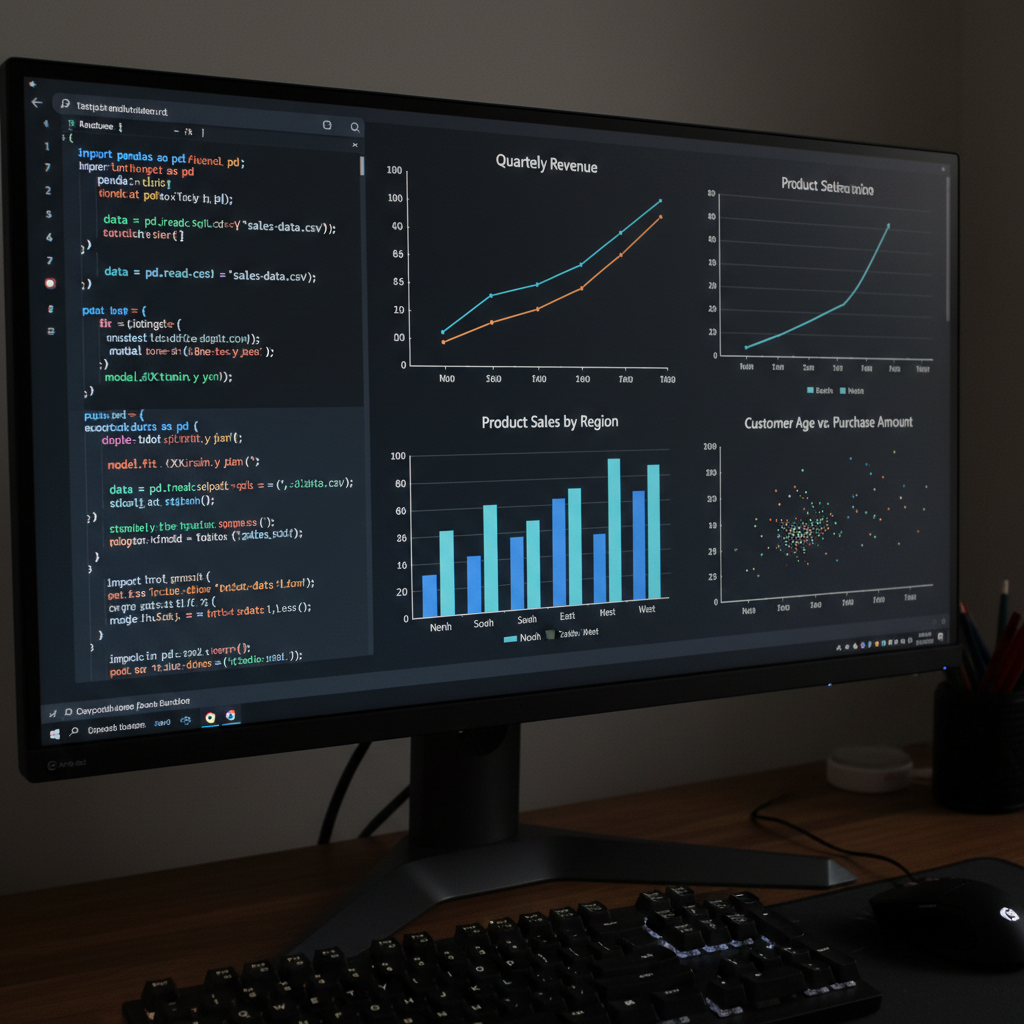 Laptop screen showing code and data charts in a dark room, developer working on machine learning model
