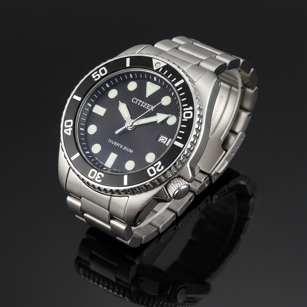Stainless steel luxury diver watch with black dial on dark background, iconic timepiece