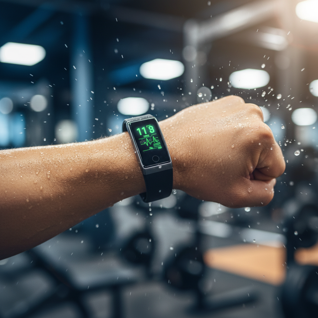 Close-up of athletic wrist wearing smart fitness tracker during intense workout with motion blur