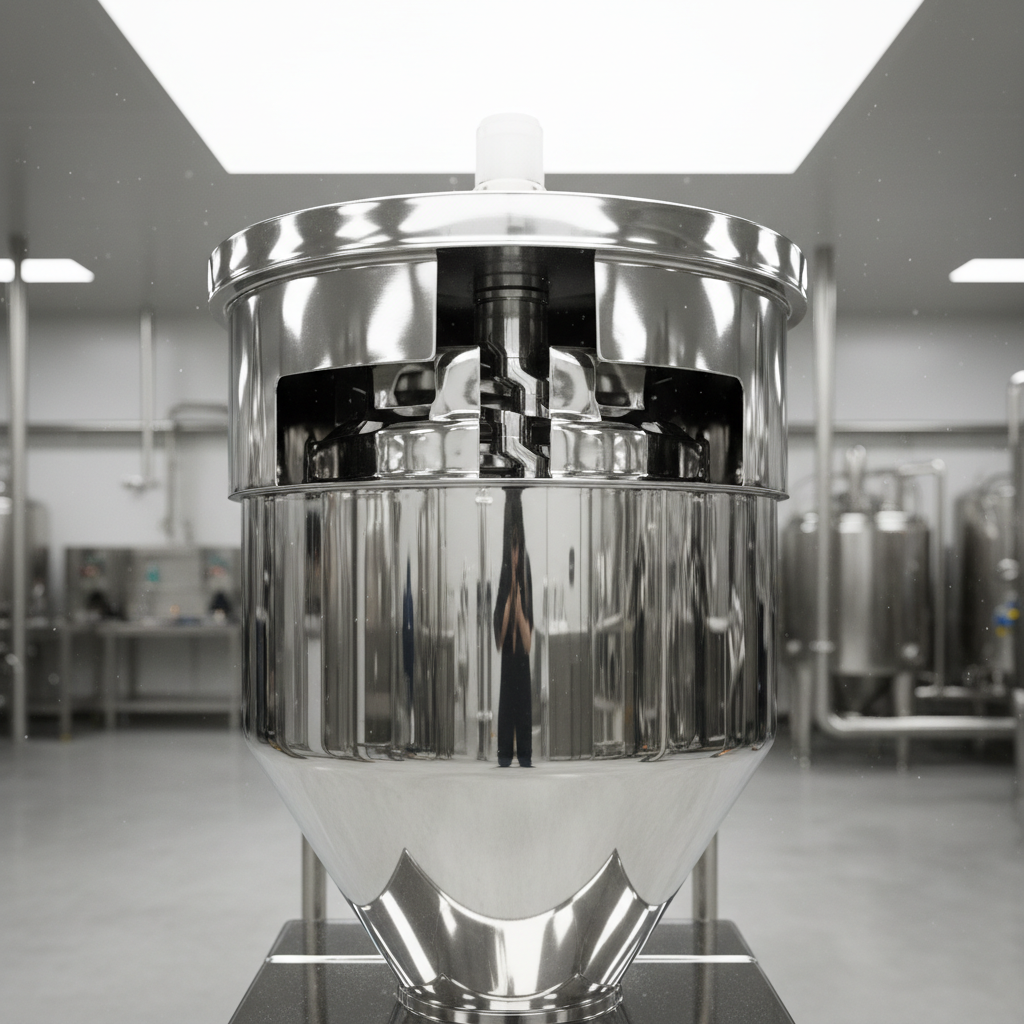 Stainless steel food processing equipment with mirror-polished surfaces inside industrial facility