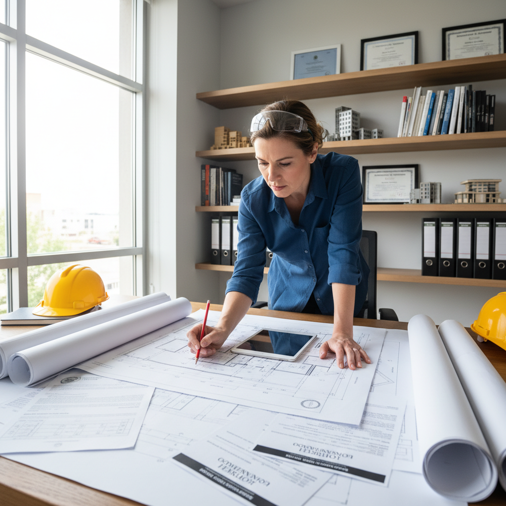 Licensed contractor reviewing building plans and permits at a property management office