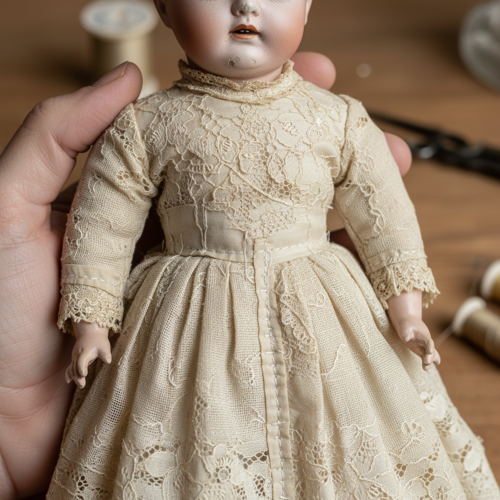 Antique doll in hand-stitched replacement dress with careful restoration work visible on delicate fabric