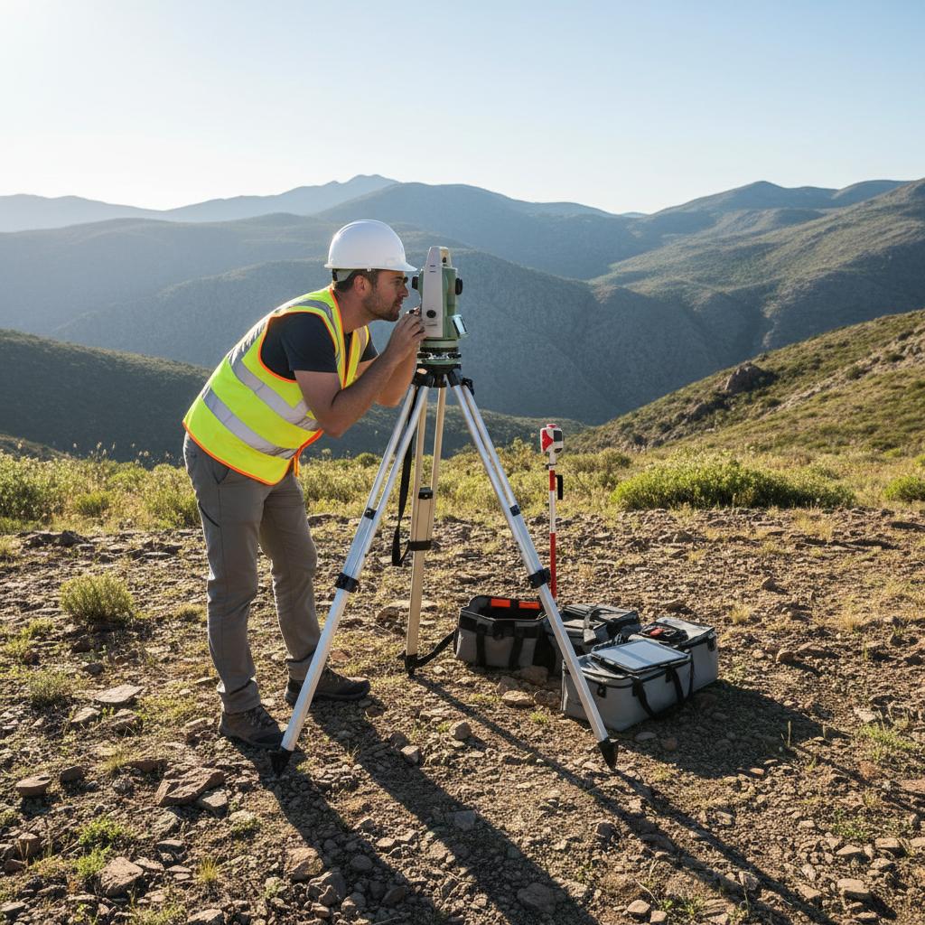 Surveyor with total station equipment on open land, measuring elevation, bright open sky, professional field work