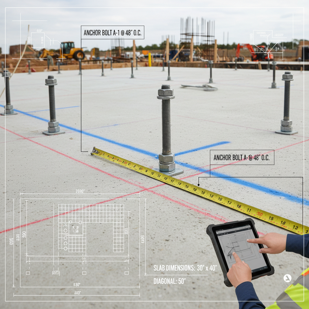 Foundation inspection showing anchor bolt placement and slab documentation with measurement overlay