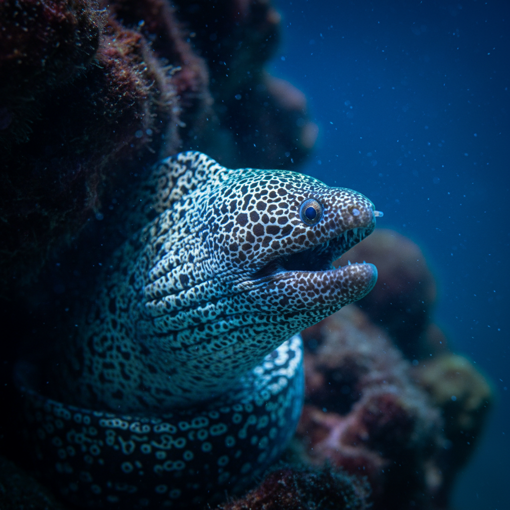 Close-up of a snowflake moray eel emerging from live rock in a dark predator display tank with blue lighting