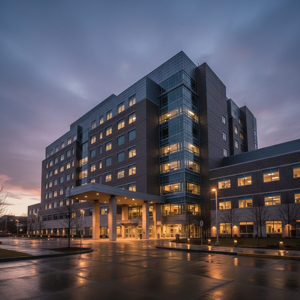 Dark clinical workspace with faint monitor light, deep shadows, cool neutral environment, moody healthcare setting