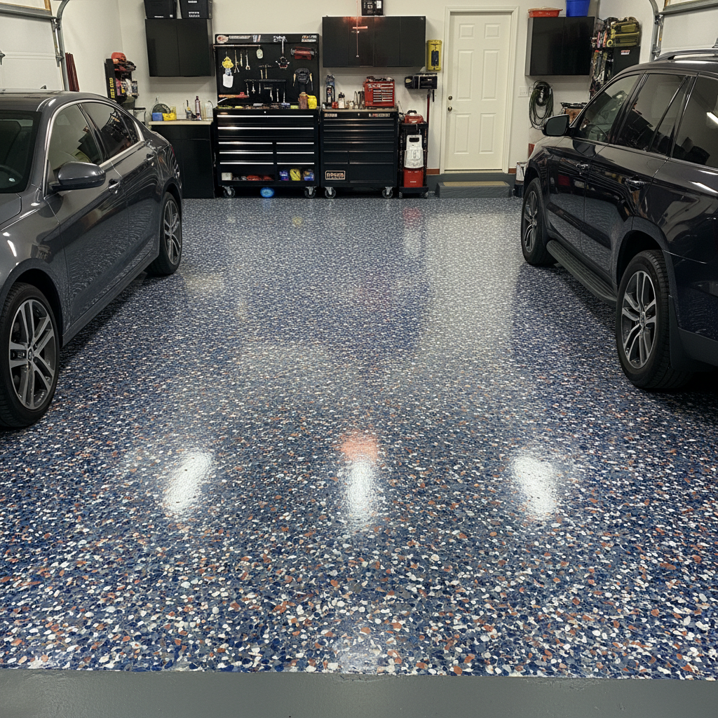 Colorful decorative vinyl flake epoxy floor in a bright basement space, speckled pattern in neutral tones