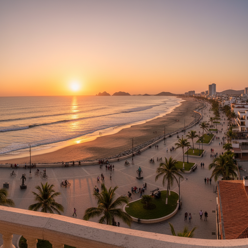 Vista del malecón de Mazatlán desde un balcón de piso veinte con atardecer dorado sobre el mar
