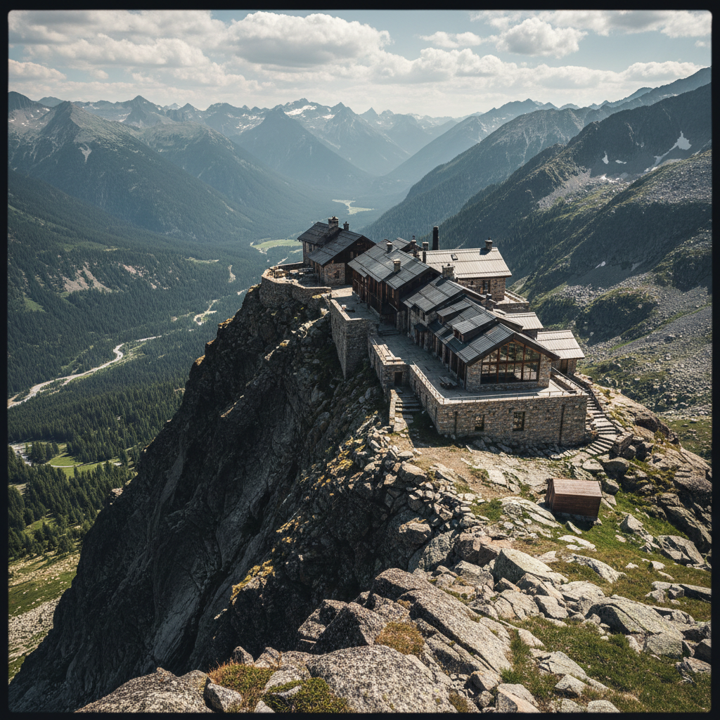 Dramatic mountain estate perched on a high alpine ridge with sweeping valley views below