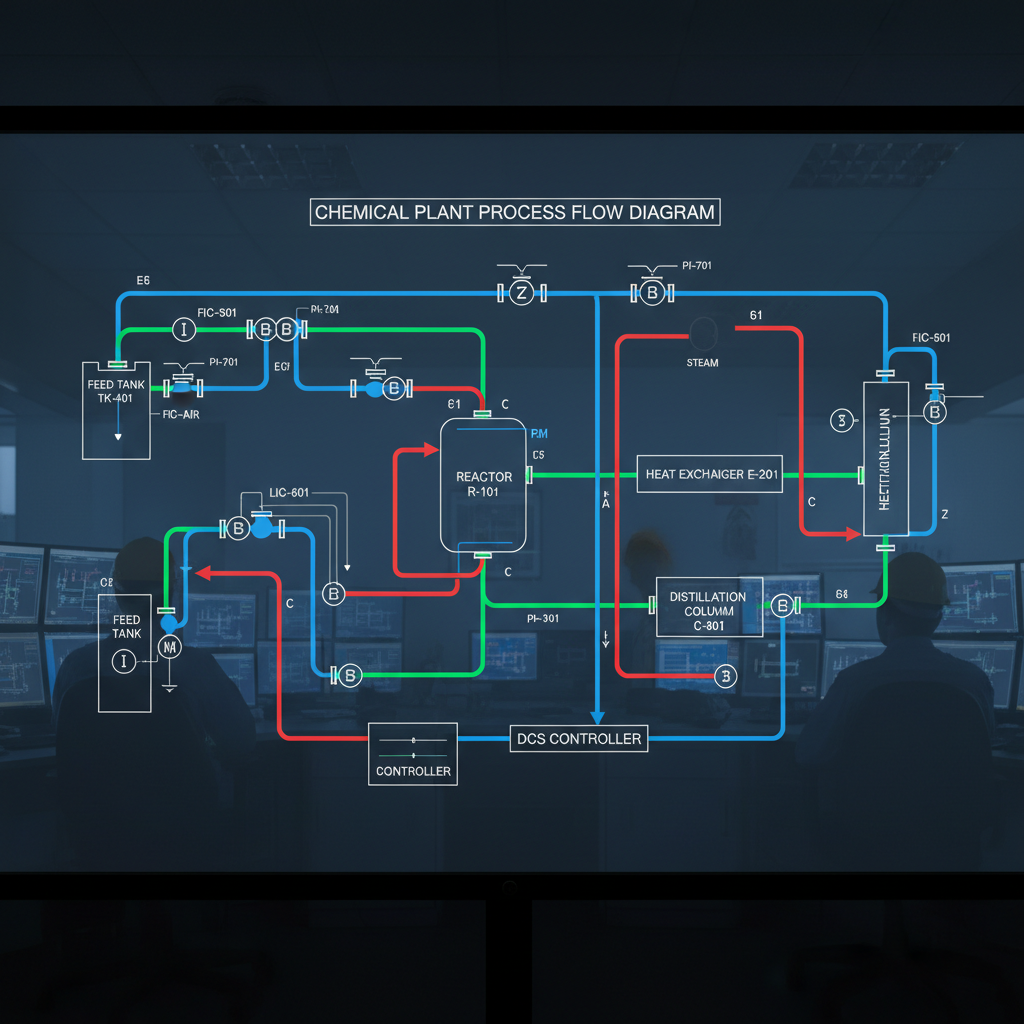 Process control panel with instrumentation, PLC, and HMI display for chemical plant