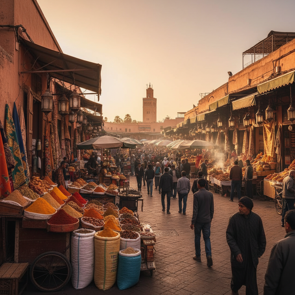Moroccan medina with colorful spice market at dusk
