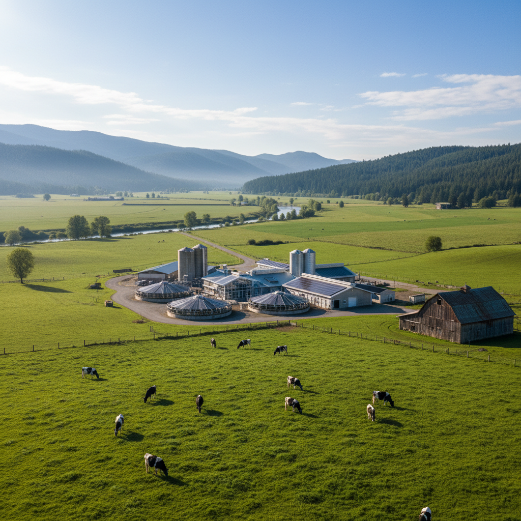 Cattle grazing in lush green pastoral farm, sustainable dairy farming