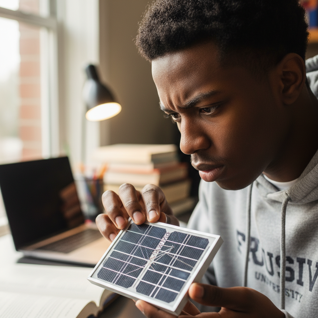 African American male student examining solar panel model with concentration