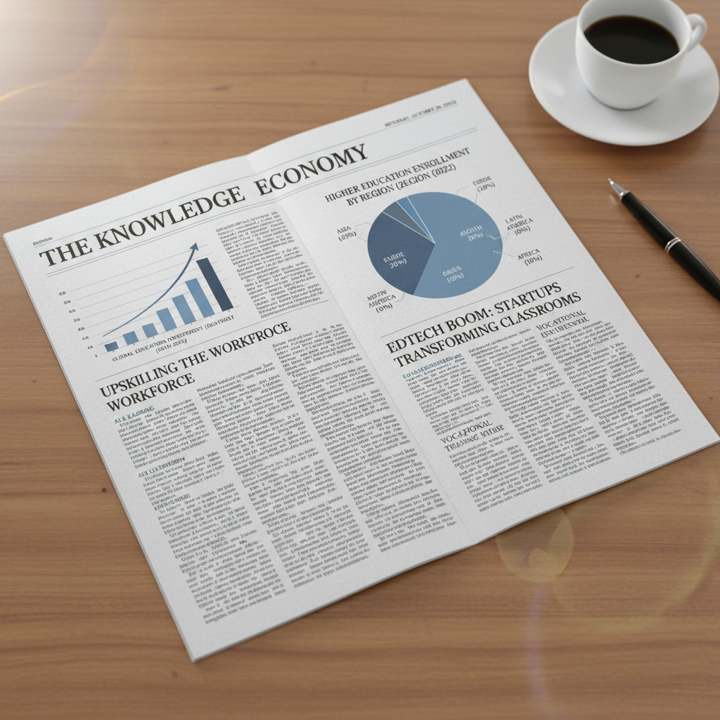 Business newspaper spread showing education section with charts and articles