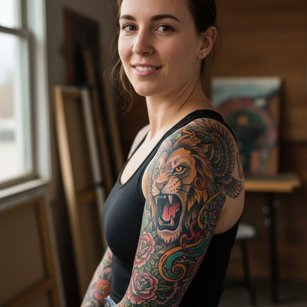 Portrait of Priya, client with successful neo-traditional cover-up tattoo