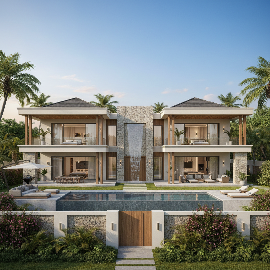 Luxury villa surrounded by lush green trees, bright natural daylight, open airy environment, well-lit garden