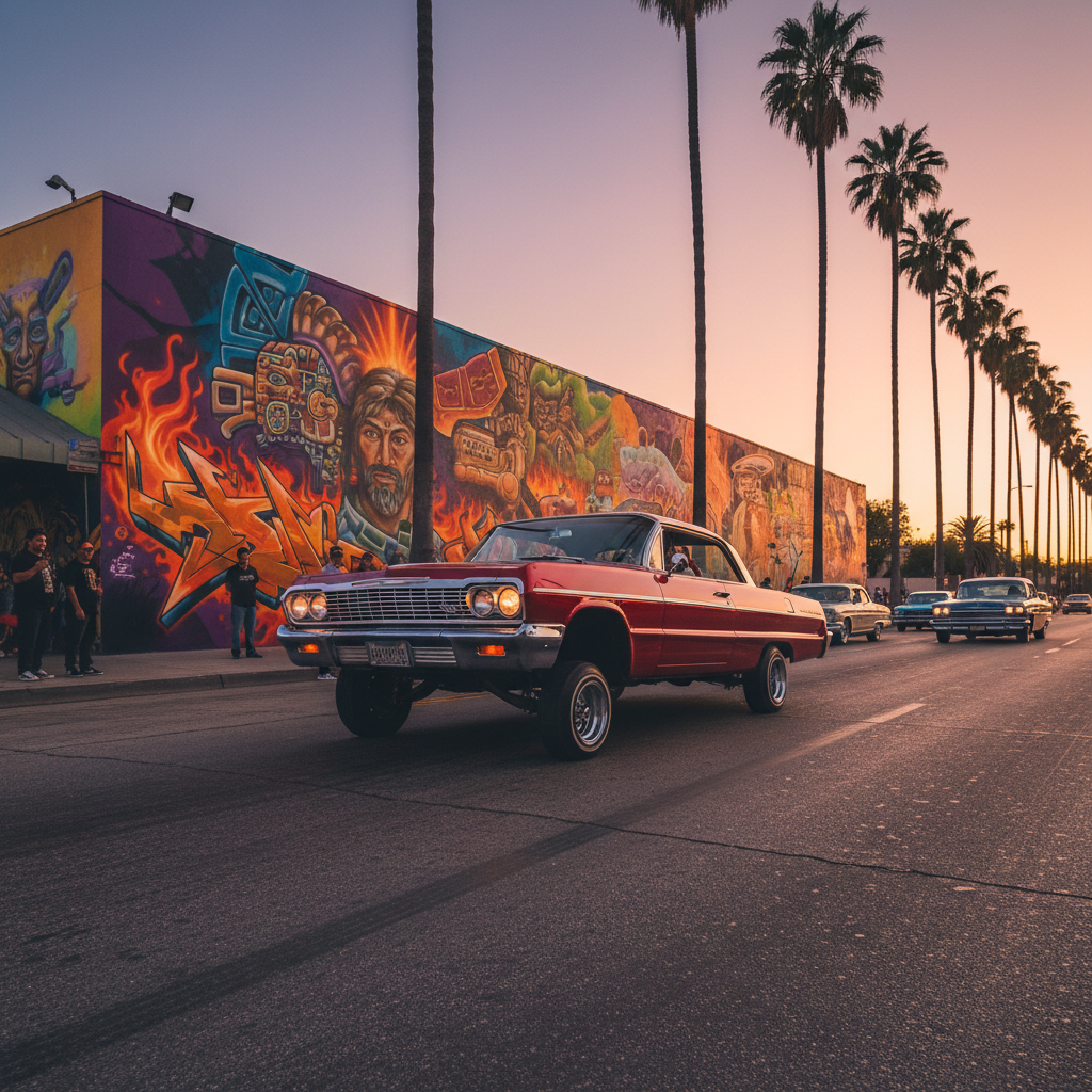 Classic lowrider car cruising at dusk on the boulevard, three-wheeling past a colorful mural under golden hour light
