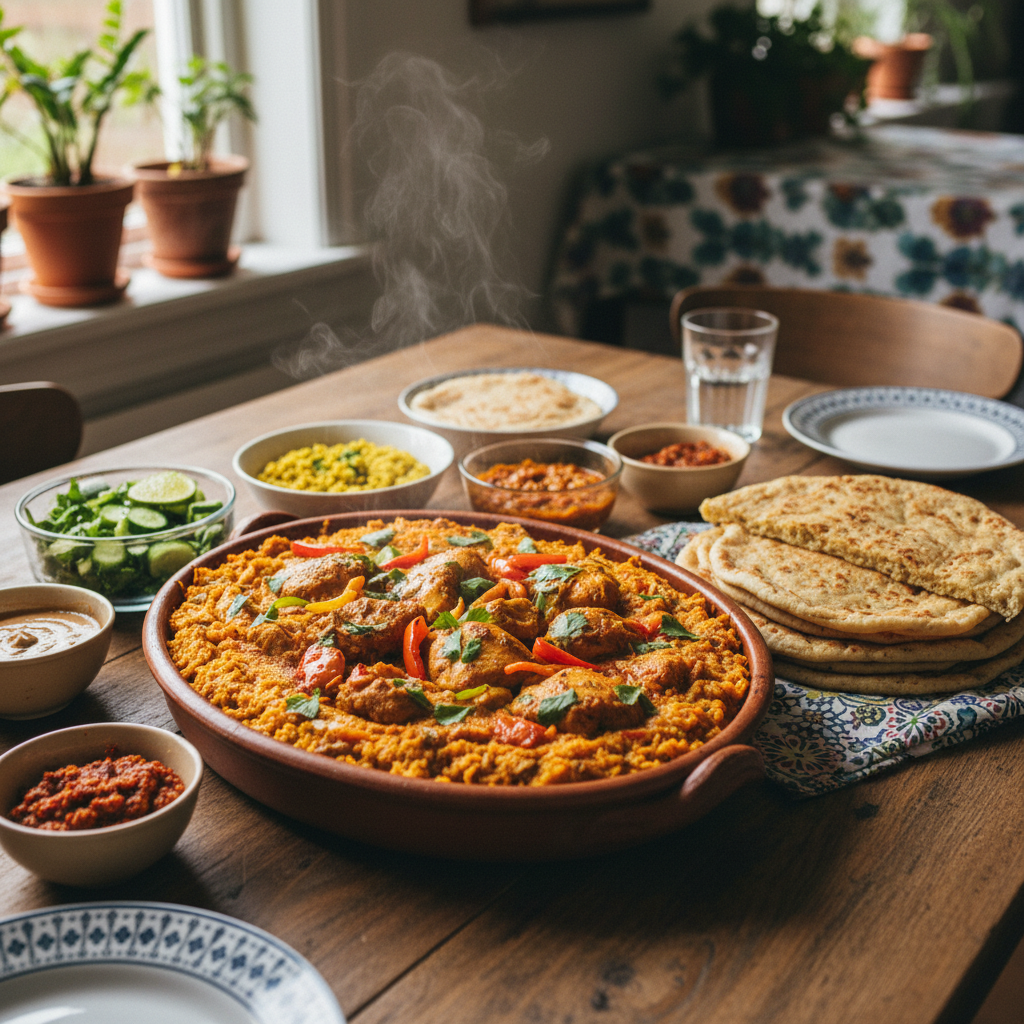 Huiselijke Surinaamse maaltijd met pom en roti voor het gezin