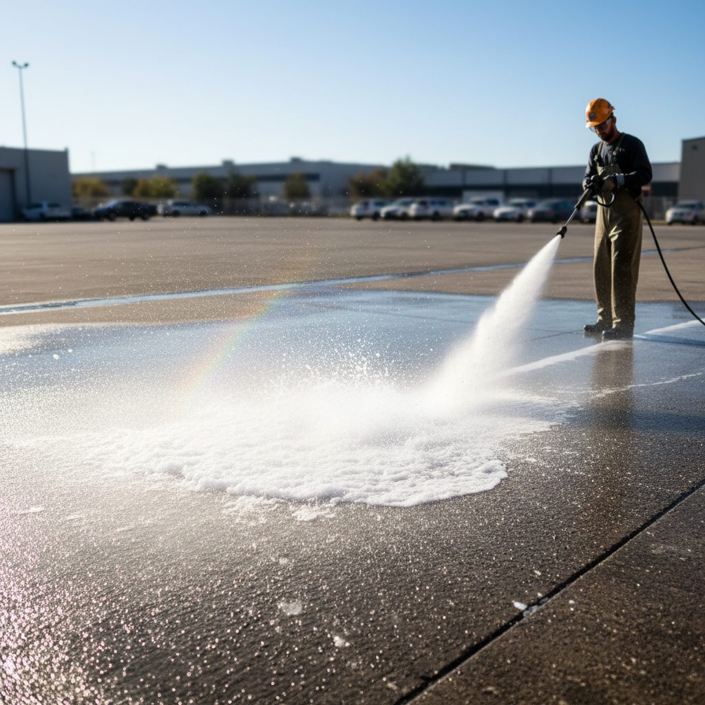 Professional pressure washing clean concrete surface in Nevada, bright water spray visible