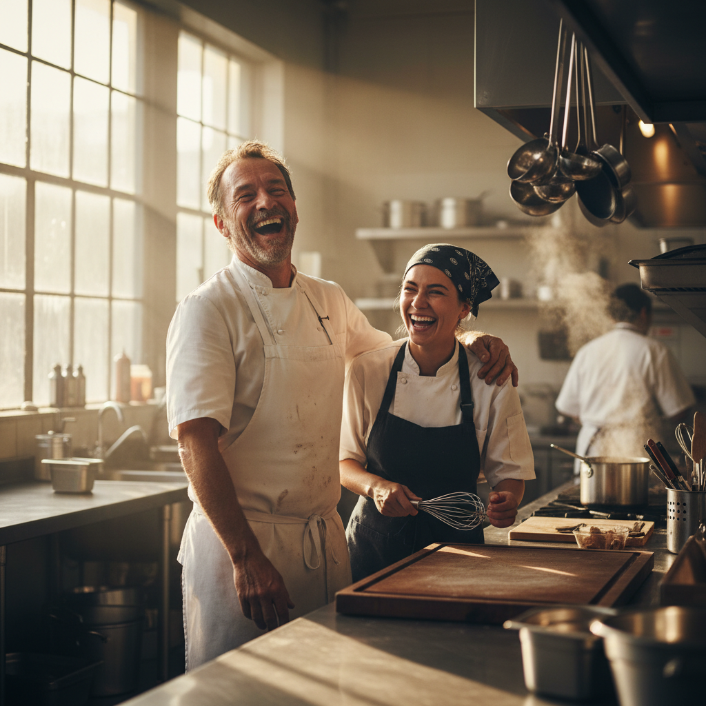 Chef laughing with prep cook at 6 AM in the kitchen, early morning light, genuine moment of joy