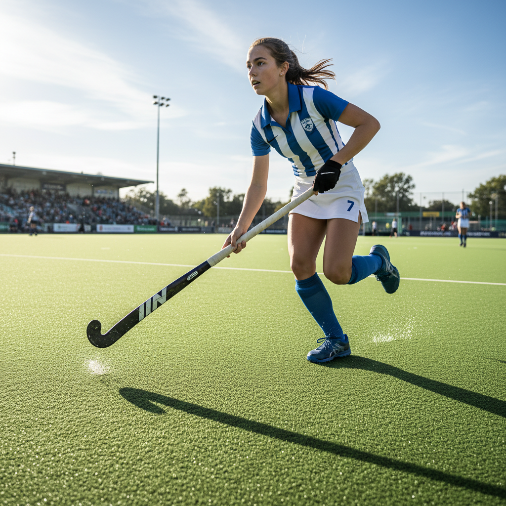 Young female midfielder sprinting with a field hockey stick on an all-weather pitch