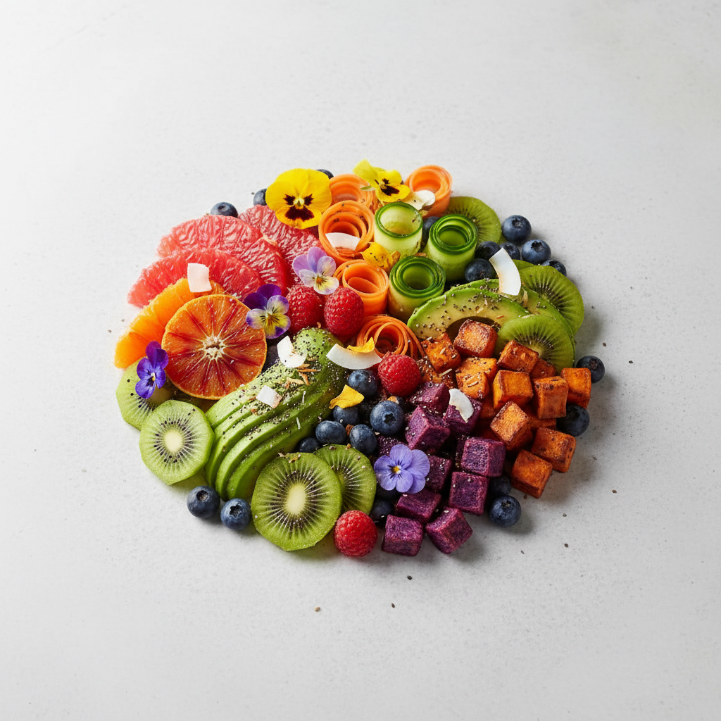 Fresh colorful fruit platter with tropical fruits arranged on dark slate surface, dim studio lighting, dark moody background, low-key food photography