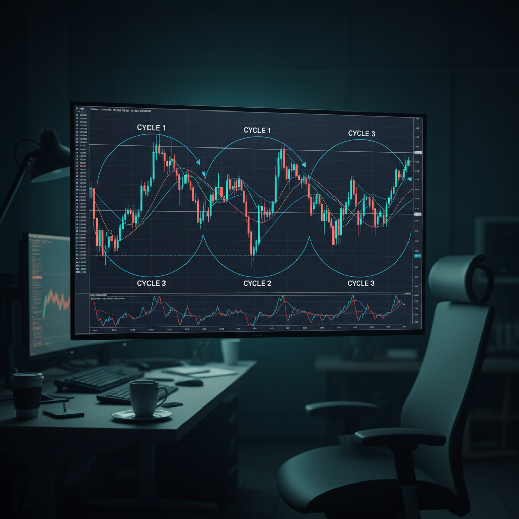 Forex trading chart with EUR/USD candlestick patterns on dark monitor in dimly lit trading room