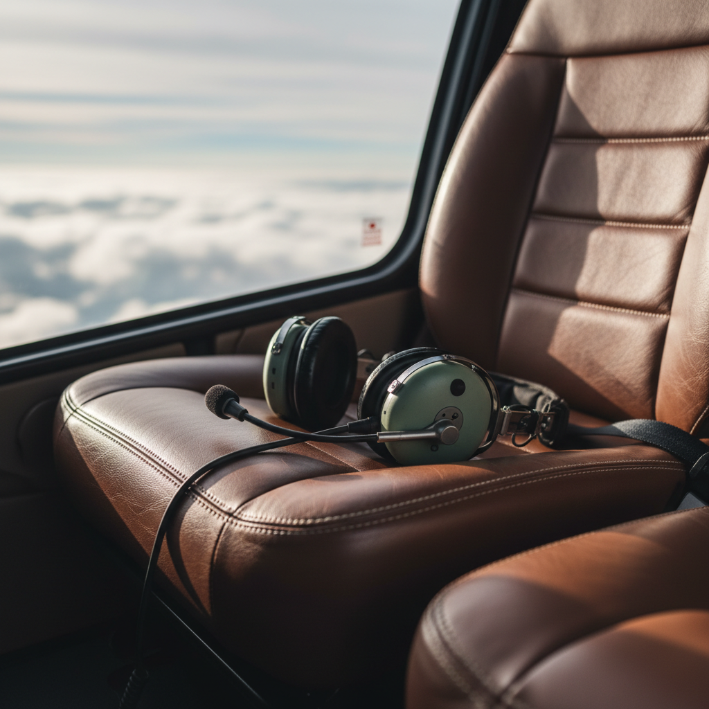 Helicopter interior headset and leather seat detail in executive configuration