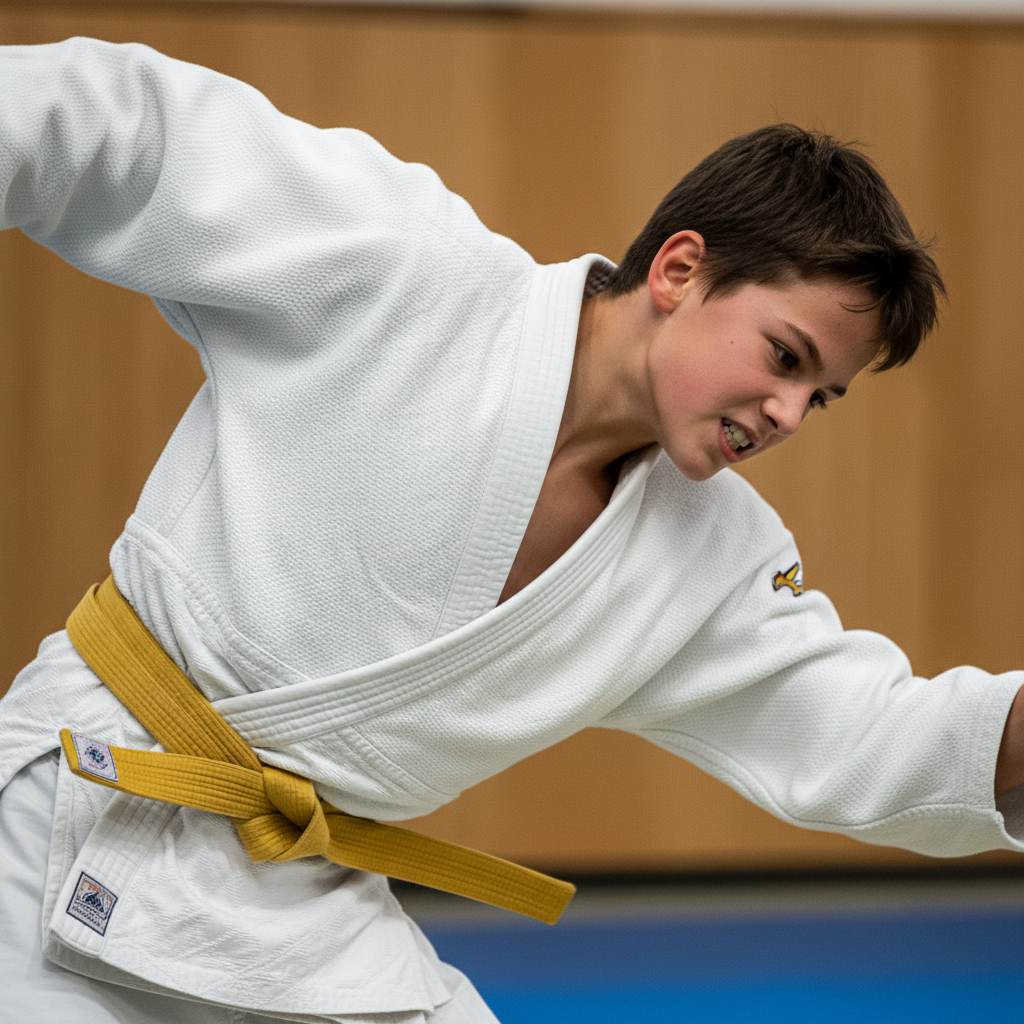 Young judoka in white gi looking focused at competition, parents and coaches watching from sideline