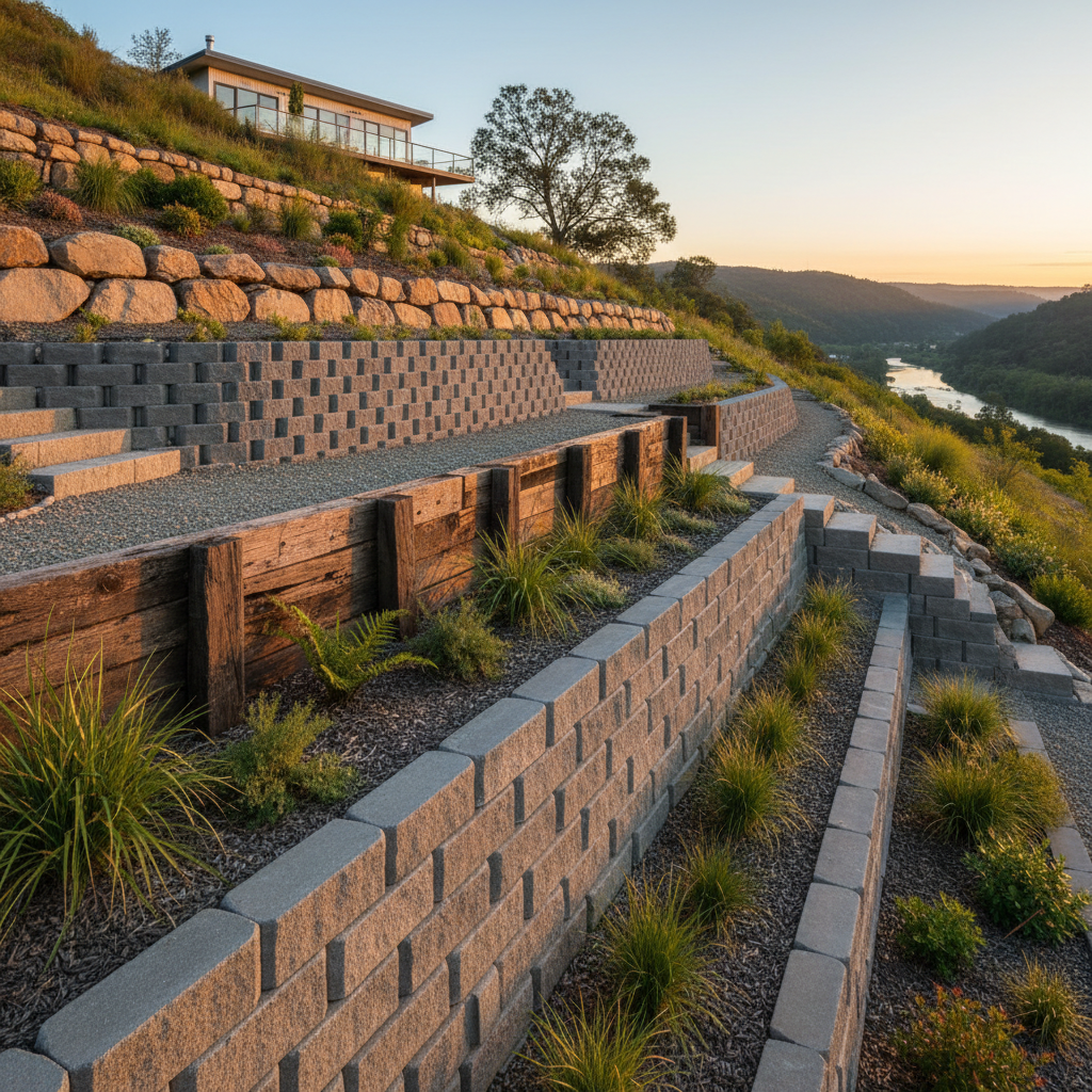 Warm California sunset over a well-designed residential garden with stone terrace, layered plantings, and warm ambient lighting