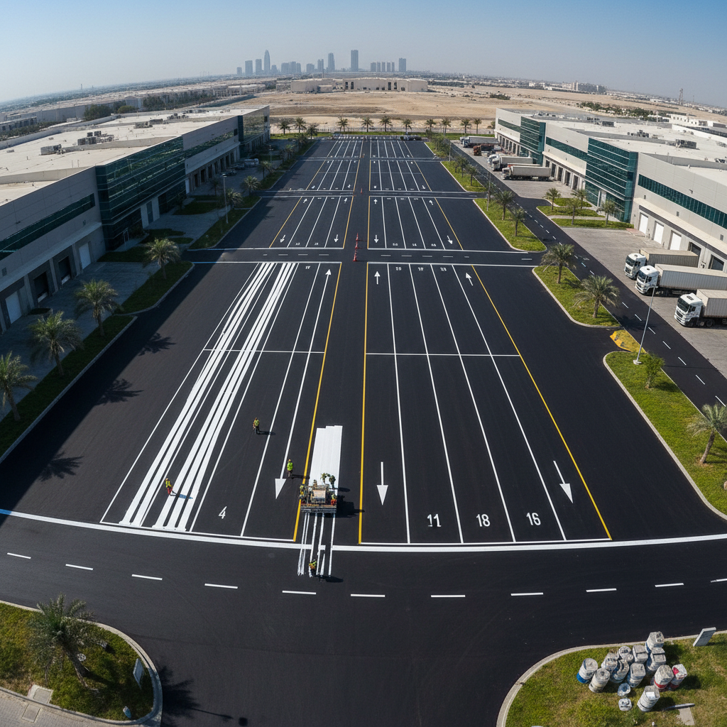 Aerial view of freshly paved loading bay at Dubai logistics park with lane markings being applied