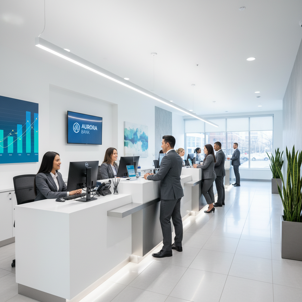 Modern banking office interior with bright overhead lighting, clean white walls, and open floor plan