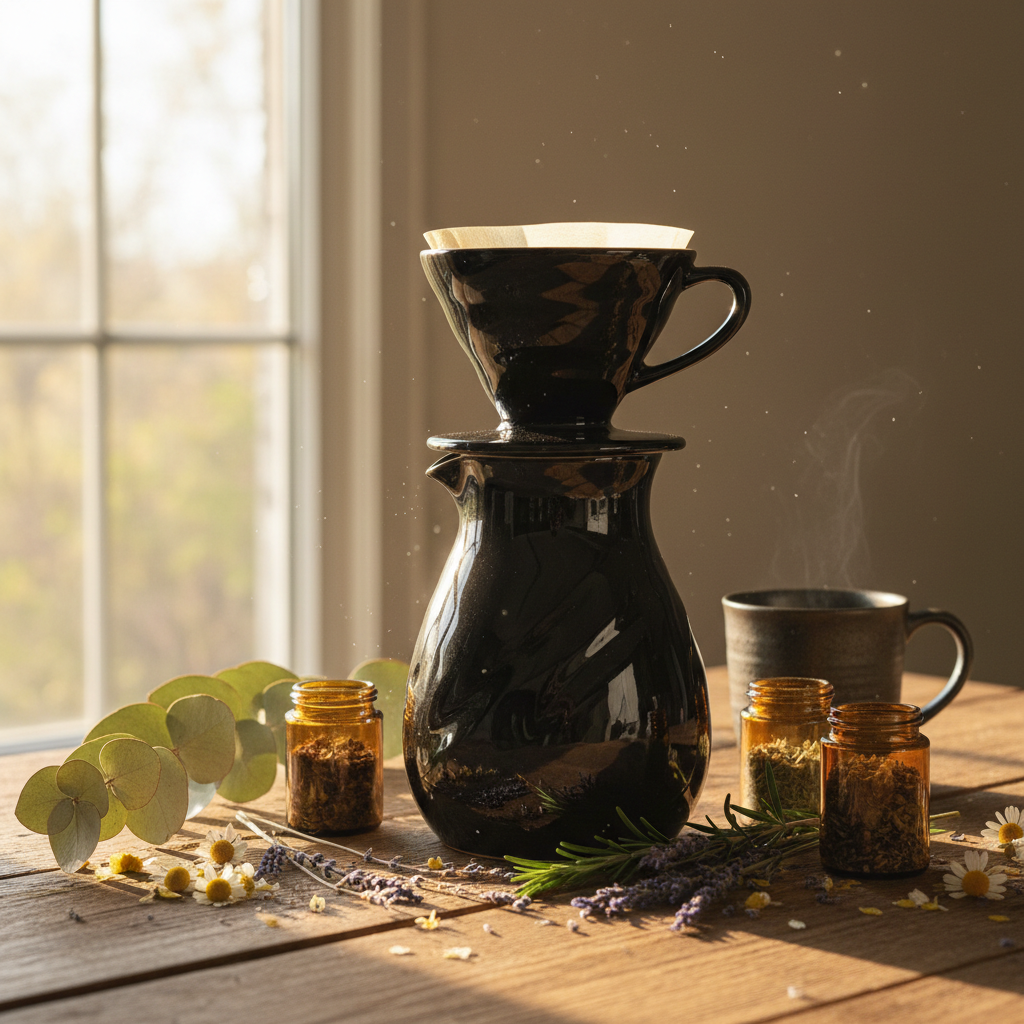 Ceramic pour-over coffee setup with botanical supplements and morning light