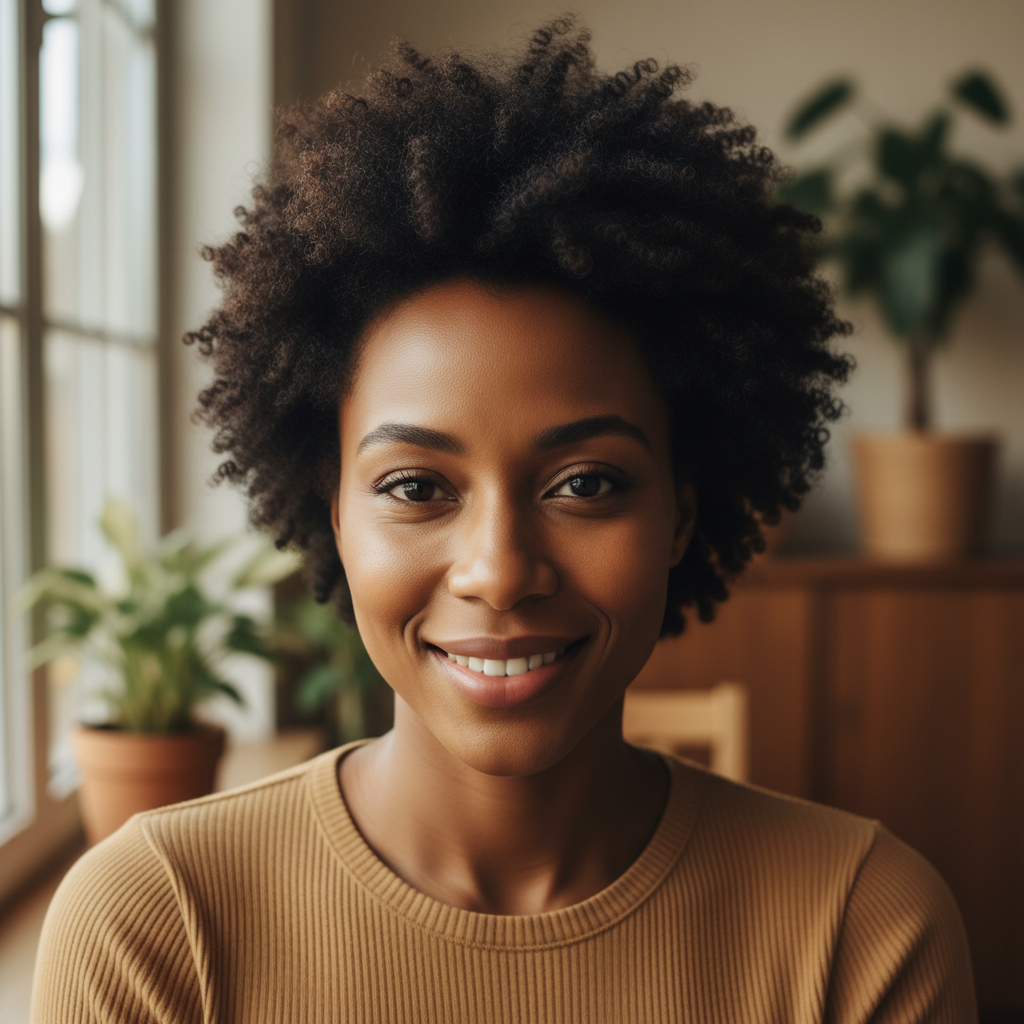 Young woman with curly hair smiling confidently in bright natural light setting