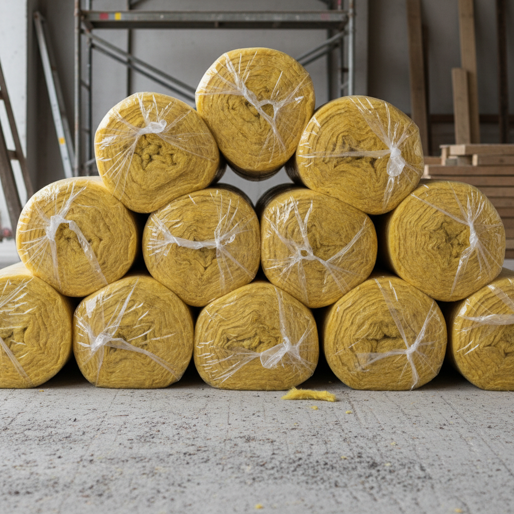 Yellow fiberglass insulation rolls and foam boards for thermal insulation