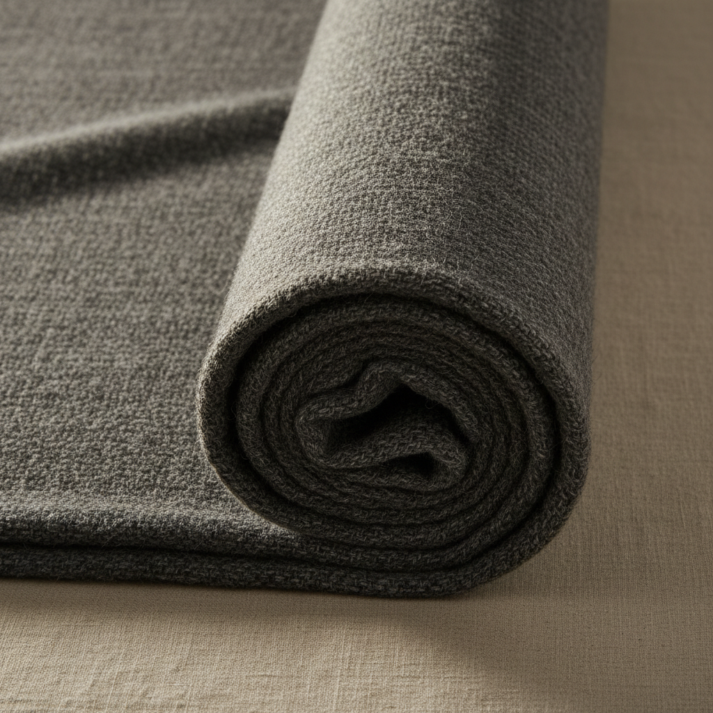 Navy blue poly wool suiting fabric roll with smooth surface finish displayed in a bright professional textile warehouse
