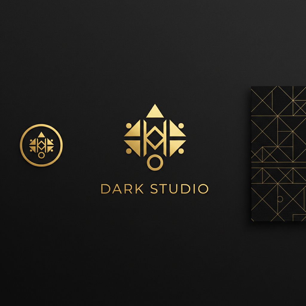 Dark studio space with geometric fashion brand identity elements, gold and black aesthetic, professional photography