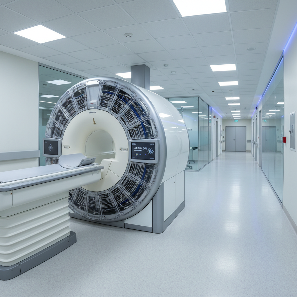 Modern ultrasound machine in a clean hospital examination room with bright lighting and medical equipment visible