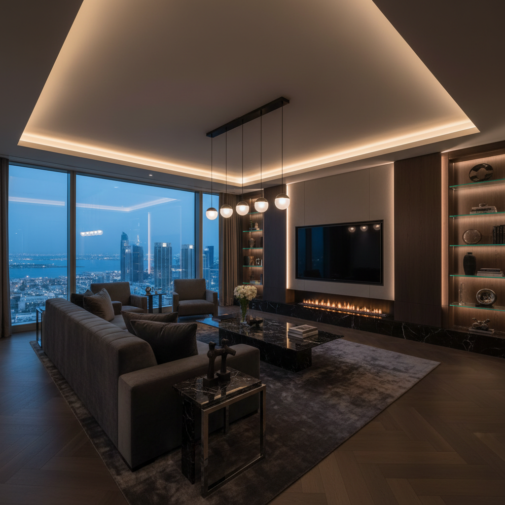 Grand living room interior of luxury apartment, high ceilings, dim warm lighting, dark walls, moody atmosphere
