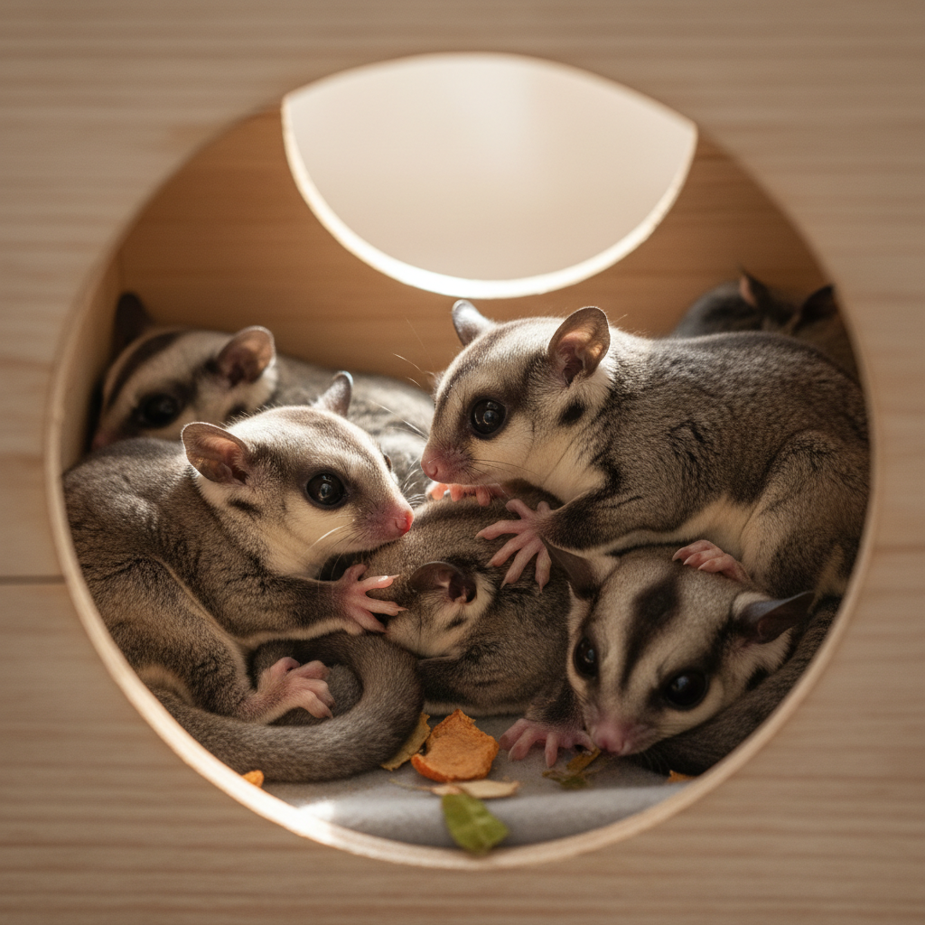 Full sugar glider colony portrait showing multiple animals in nesting box