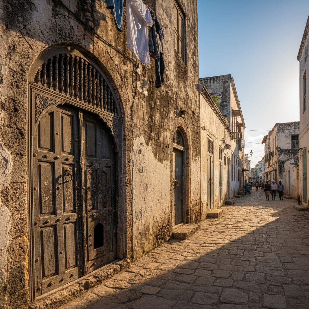 Restored historic stone-paved street in Stone Town with traditional coral stone buildings on both sides