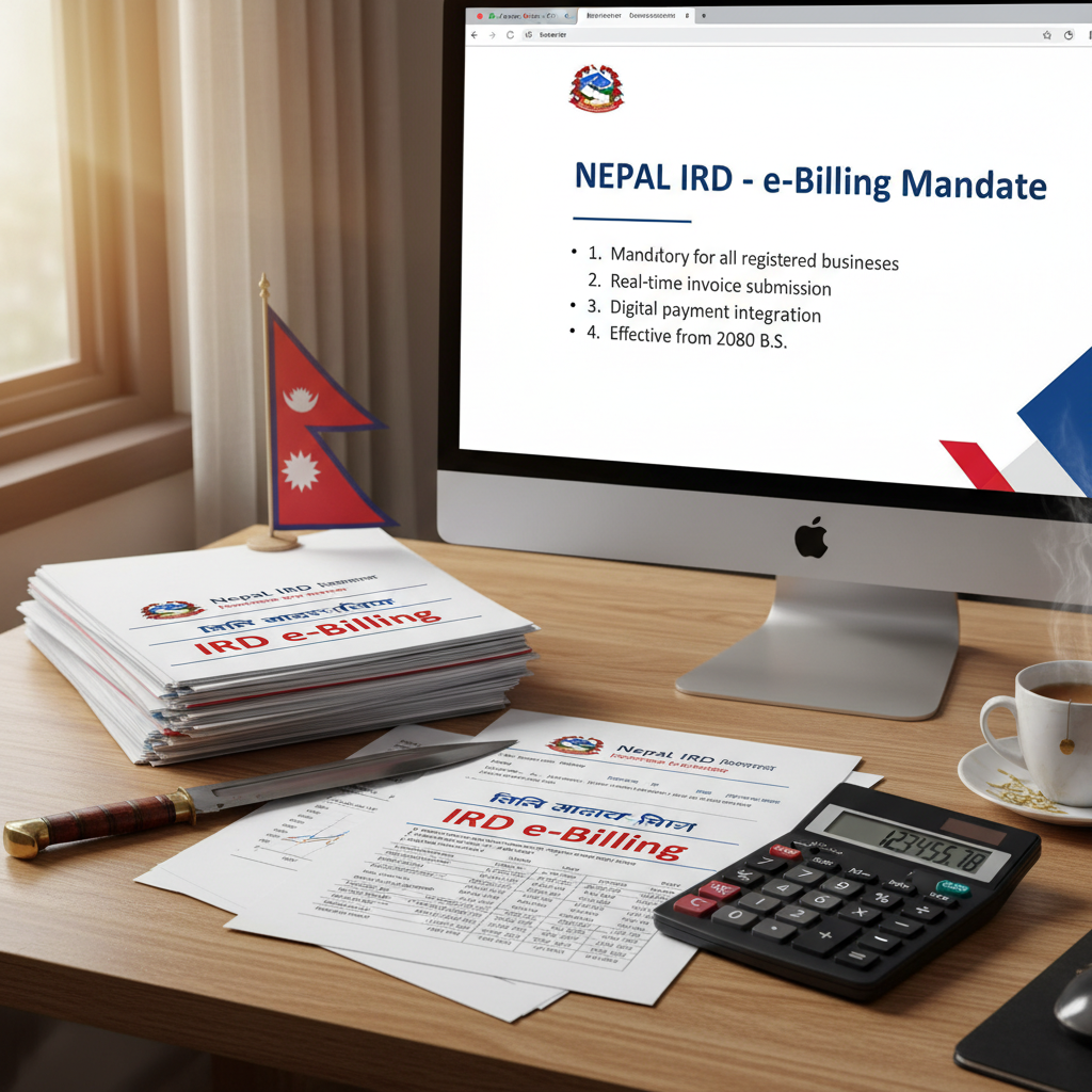 Tax documents and calculator on a desk representing Nepal IRD e-billing mandate