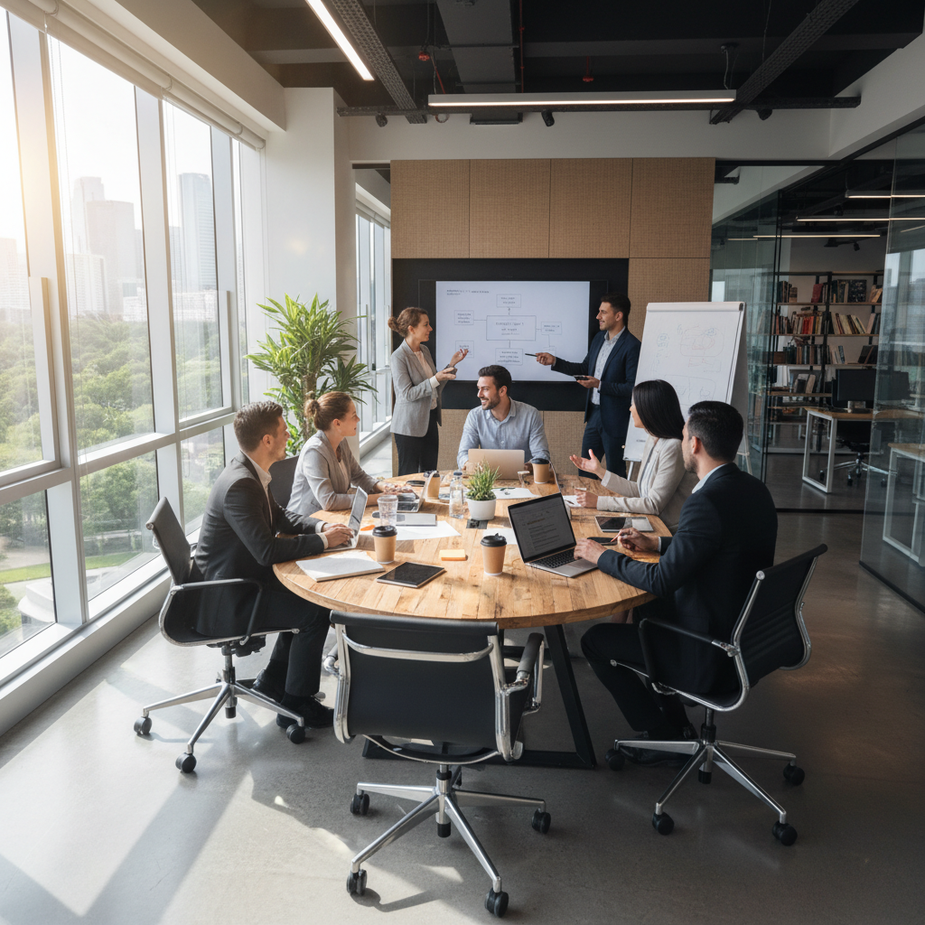 Business meeting in a bright conference room with professionals reviewing presentations on screen