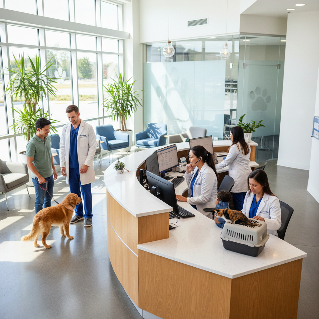Modern veterinary clinic reception desk with multiple staff members working
